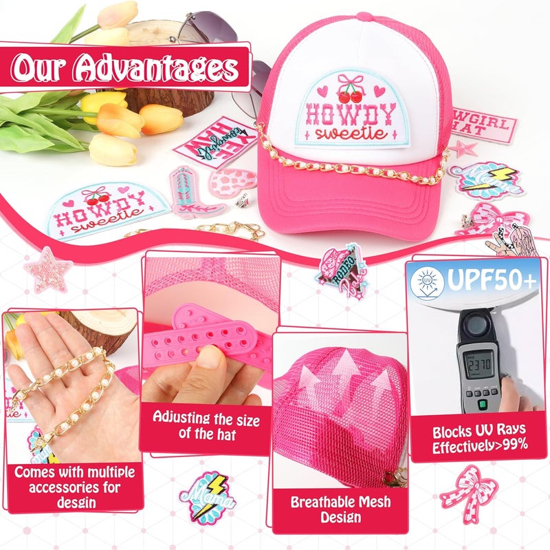 Meneng Women Trucker Hat Bulk: Western Adjustable Snapback Caps - Cowgirl DIY Hat Kit with Chains & Embroidered Patches - Image 5